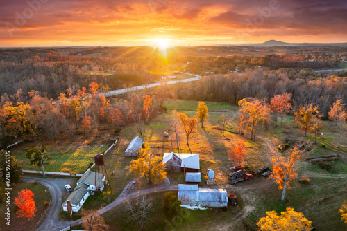 Large traditional homes in forest of autumn colors in Appalachian USA. Yellow and orange trees at sunset in North Carolina countryside.