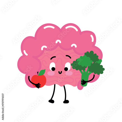 Happy intestine holding broccoli and an apple—plant-rich fiber nutrition theme.