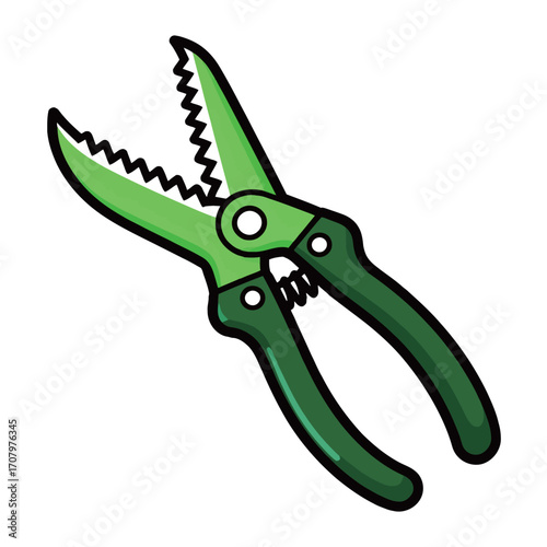 Isolated cartoon illustration of a pair of green gardening shears, a handy tool for trimming plants and flowers.