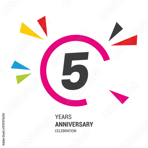 Vector 5 year anniversary, birthday logo label. Year. Vector illustration. Isolated against a white background.