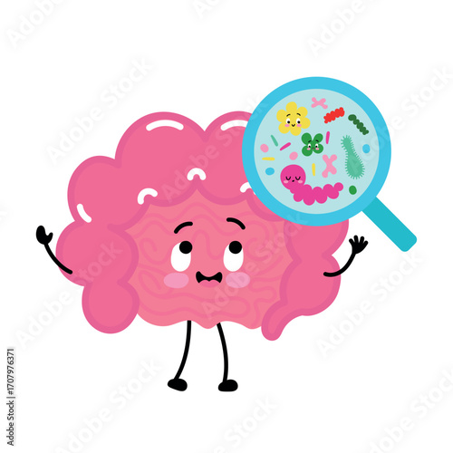 Friendly pink gut character inspecting microbes with a magnifying glass. Perfect for health, nutrition, education, and wellness themes.