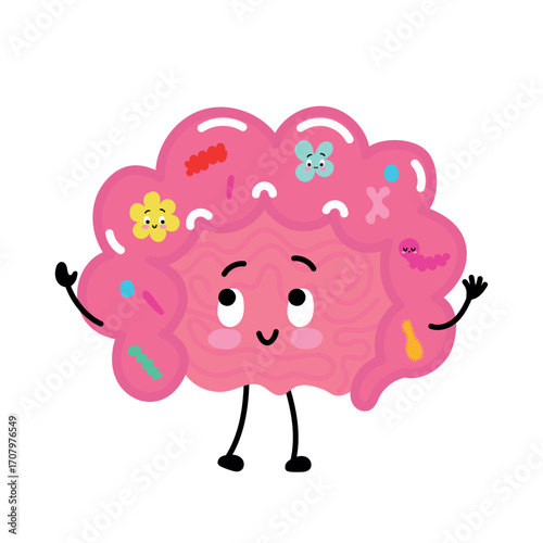 Smiling intestine decorated with colorful microbes—healthy gut flora concept.
