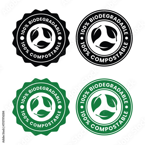 100% BIODEGRADABLE & COMPOSTABLE Label Set.  Non Toxic icon set.  Non Toxic sign, logo, badge, icon, sticker, label, emblem, stamp, symbol, black, line, flat vector, isolated illustration