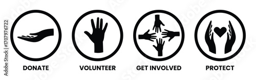 Four oval icons representing charitable actions and support donate volunteer get involved and protect with hands in various symbolic gestures against a white background