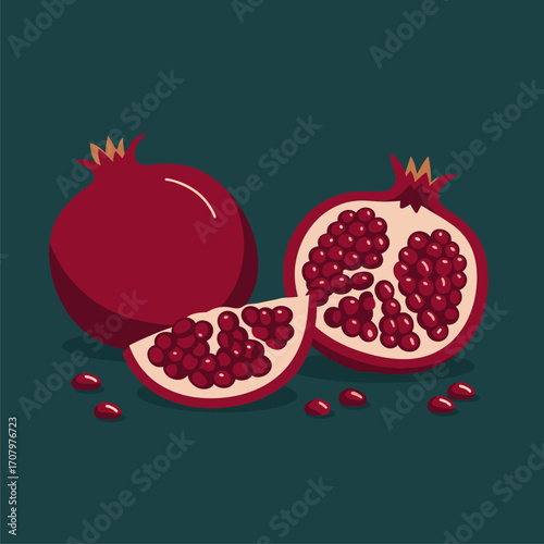 Pomegranate fruit illustration: whole, half, and slice with arils. Fresh ripe red fruit on dark background. Healthy food vector design.