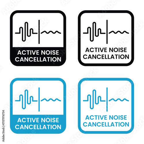 Active noise cancellation Label Set.  Active noise cancellation icon set. Active noise cancellation sign, logo, badge, icon, sticker, label, emblem, stamp, symbol, black, line, flat vector
