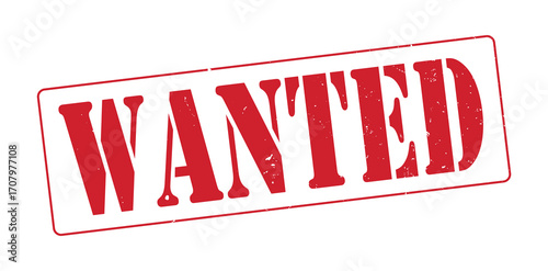 Distressed red stamp graphic of the word wanted boldly stamped with a rough texture and faded edges indicating urgency and importance
