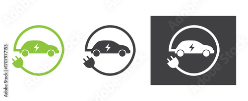 Electric car charging icon with a leaf symbol and lightning bolt inside an oval frame representing eco friendly transportation and sustainable energy solutions