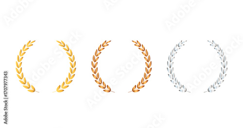 laurel wreath set. gold, silver and bronze wreath badge for award, achievement, trophy, prize winner and other design element. transparent vector.
