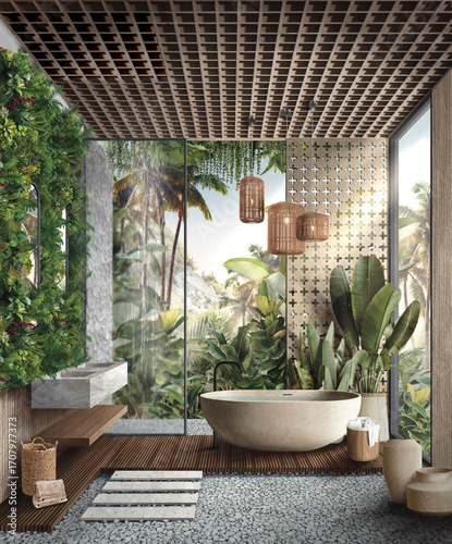 Tropical spa bathroom with freestanding stone bathtub, lush greenery, and natural textures.