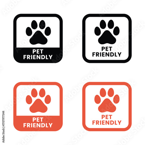Pet Friendly icon set. Pet Friendly logo, label, sign, badge, symbol, banner, line, flat vector, isolated illustration. Pet Friendly label for product packaging design. Dogs and cats allowed sign.