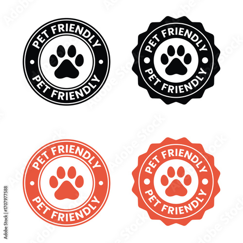 Pet Friendly icon set. Pet Friendly logo, label, sign, badge, symbol, banner, line, flat vector, isolated illustration. Pet Friendly label for product packaging design. Dogs and cats allowed sign.