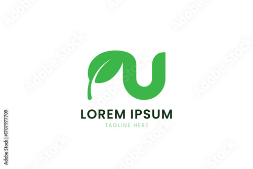 Minimalist green logo design featuring a leaf symbol and abstract shape for branding