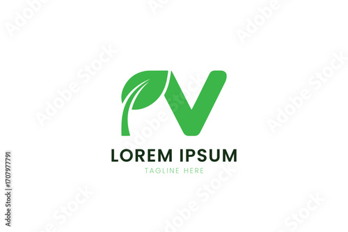 Modern green pv logo design with leaf element and placeholder text