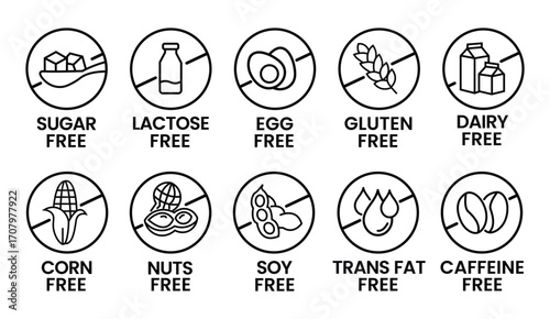 Set allergen free icons. Allergen free label products. Free lactose, gluten, sugar, corn, egg, trans fat, dairy, soy, nuts, caffeine, symbol, logo, badge, black, vector, isolated on white background. 