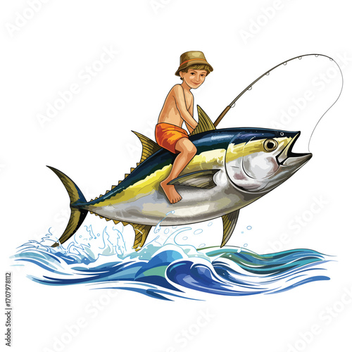 Boy rides giant tuna fish through waves fishing 