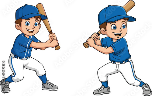 Cartoon illustration of young boys playing baseball in blue uniform with cap holding bat, ready to hit ball, sports action vector design