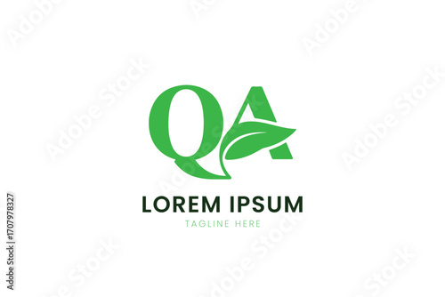 Modern minimalist green qa logo with leaf design and lorem ipsum placeholder text