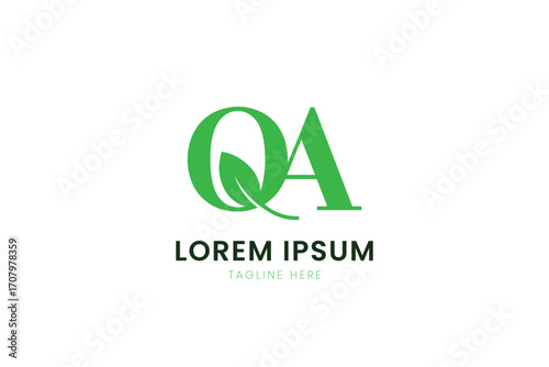 Minimalist green qa logo with leaf element for organic brands and nature companies