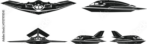 Stealth, aircraft, silhouette, B-2, SR-71, bomber, reconnaissance, jet, military, aviation, black, white, front, side, view, shape, design, technology, tactical, illustration