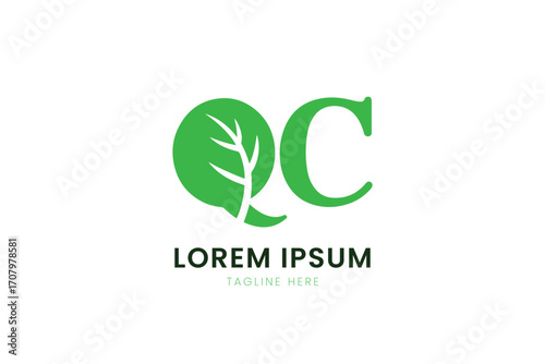 Minimalist green logo design featuring a stylized leaf and qc letters for branding