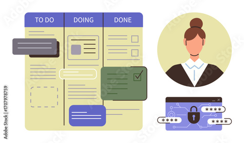 Kanban board with to-do lists, tasks status, woman profile, and a secured login lock. Ideal for project management, teamwork, productivity, planning, organization cybersecurity digital