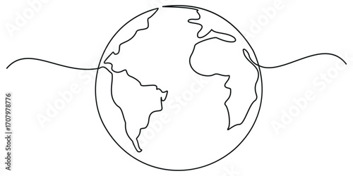 Earth globe continuous one line drawing of world map vector illustration minimalist design of minimalism isolated on white background. Vector illustration.	