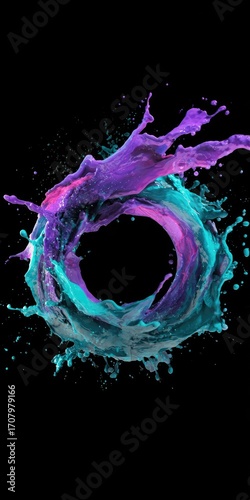 Vibrant teal and purple paint splashes form a dynamic circular ring against a stark black background, creating a visually striking, abstract composition