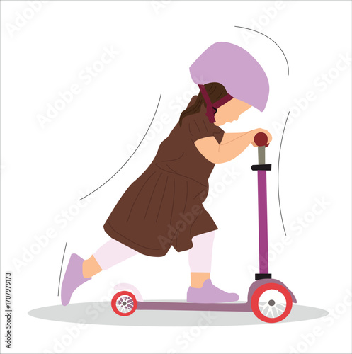 little girl  playing scooter. little girl riding scooter and wear helmet
