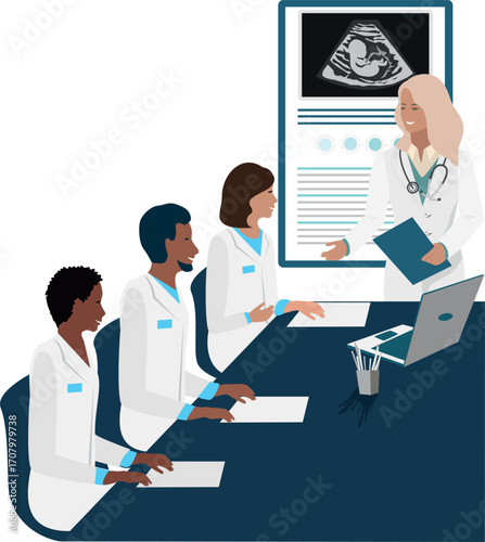 A team of doctors confer, study, hold a conference, training or cosilium. Vector illustration isolated on white background.