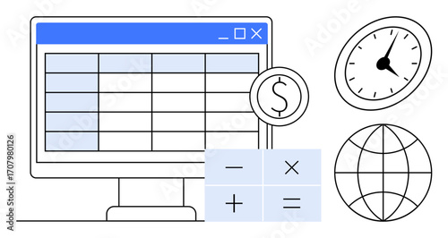 Computer screen with spreadsheet, currency symbol, calculator functions, clock, and globe. Ideal for financial planning, time management, data analysis, global business education productivity