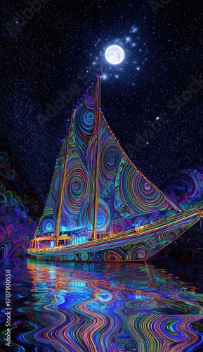 Psychedelic sailboat at night, adorned with vibrant concentric circles, sails illuminated, reflecting in surreal, wavy water under a full moon and starry sky