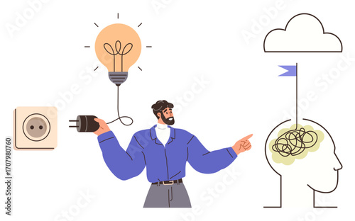 Man holds plug near lightbulb, symbols of head, tangled lines, and cloud highlight innovation, creativity, and problem-solving. Ideal for brainstorming, mind mapping, strategy thinking solutions