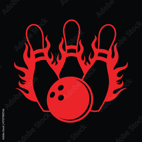 Fiery Bowling Ball and Pins Icon on Black Background