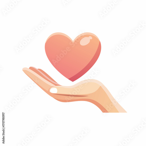 An illustration of a hand gently supporting a soft pink heart shape on a white backdrop