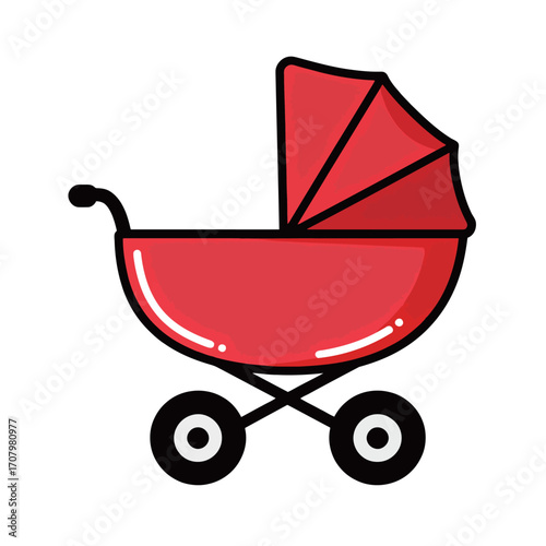 A simple cartoon vector of a red baby stroller or pram, suitable for topics related to family, parenthood, and child care.
