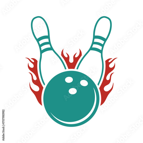 Teal bowling ball and pins with red flames, sports graphic