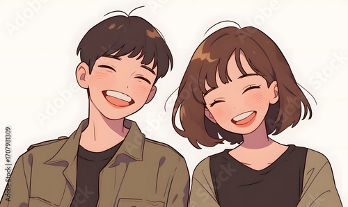 Anime couple smiling together in casual outfits
