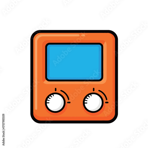 A classic, retro cartoon vector of a bright orange portable music player with a blue screen and two round control knobs, representing vintage technology and entertainment.