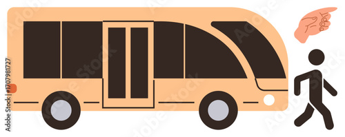 Large beige bus with doors, figure walking away, and guiding hand gesture. Ideal for commute, transportation, direction, mobility, urban travel public service teamwork. Simple flat metaphor