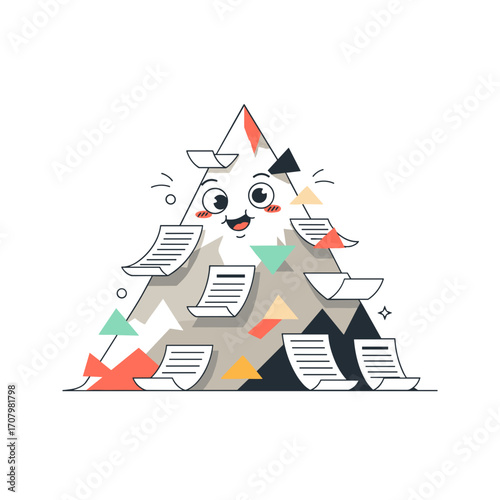 Overloaded paper mountain character buried under documents isolated on white background