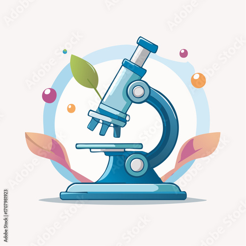 Artistic Depiction of a Microscope with Botanical Elements in a Modern Illustration