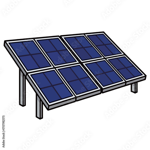 A clean, graphic vector illustration of a solar panel array with eight blue panels on a stand, representing renewable energy, technology, and sustainable power.