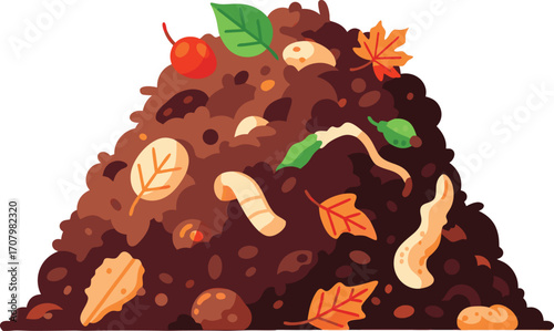 Organic Compost Pile with Nutrient-Rich Soil, Earthworms, Fallen Leaves, and Decomposing Plants, Sustainable Gardening and Eco-Friendly Farming Illustration for Agriculture and Nature Concept