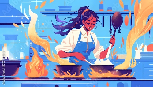 Anime girl cooking with fire in kitchen illustration