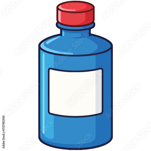 A simple cartoon vector of a blue bottle with a red cap and a blank white label, ideal for showcasing various products like medicine, household cleaners, or health supplements.