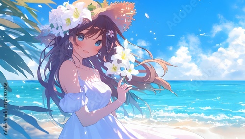 Anime girl in white dress with flowers at the beach