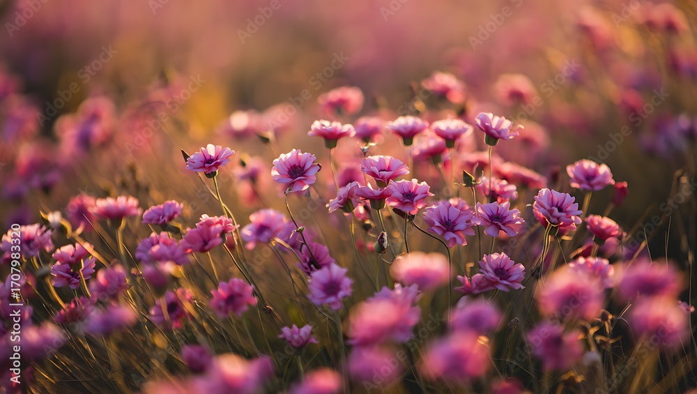 Obraz premium Field of pink wildflowers bathed in warm sunlight