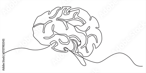 Continuous one line drawing of human brain. Hand drawn minimalism style. Human brain single line art. Human brain continuous one line drawing of art vector illustration and intelligence outline