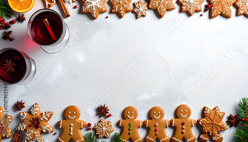 Festive Christmas scene with gingerbread cookies and mulled wine.